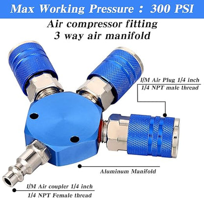 Blue Air Hose Connector 3-Way Air Hose Manifold