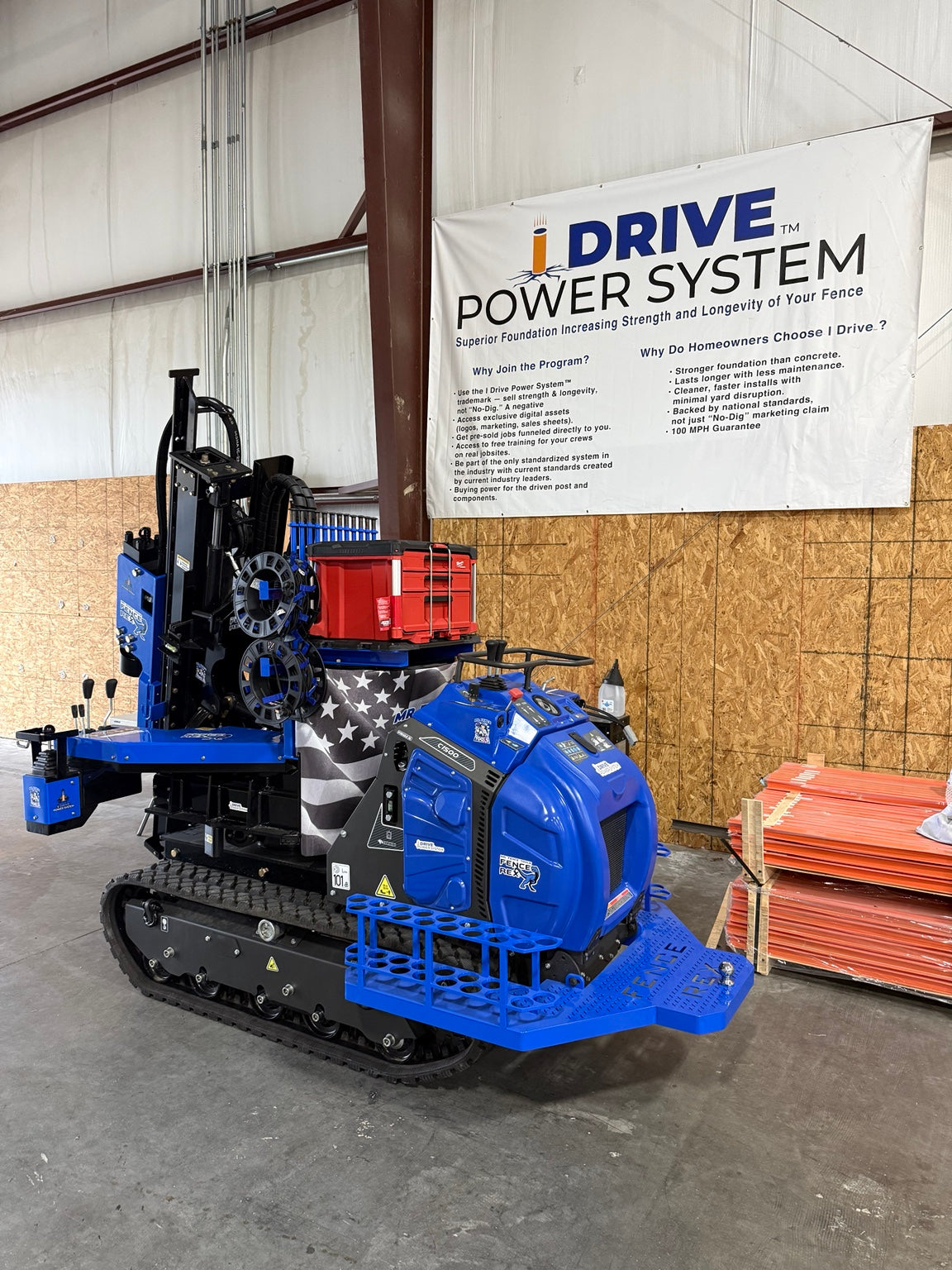 Fence Rex compact tracked post driver, front three-quarter view